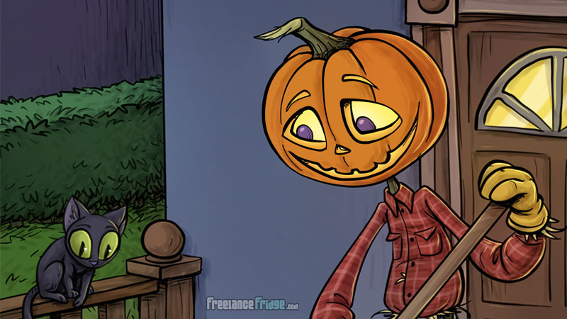426-Featured-Closeup-Pumpkin-Scarecrow-Sweeping-Up-Halloween-Candy-and-Decorations-with-Black-Cat-Drawing-Illustration